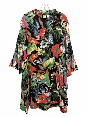 C&C XL Linen Blend Hawaiian Floral Beach Shirt Dress B7
